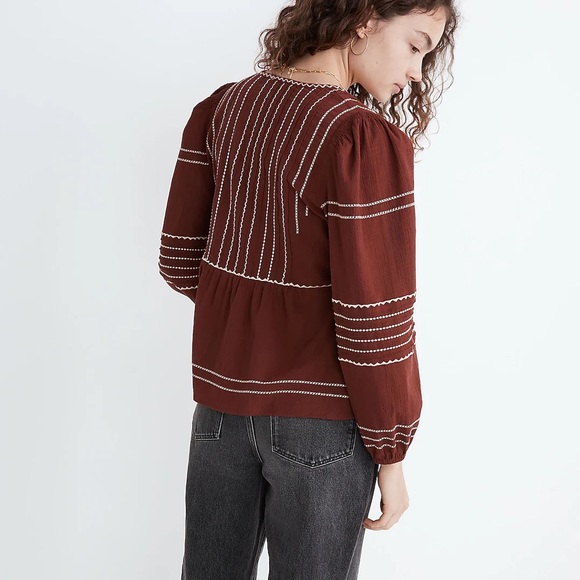 Madewell Embroidered Faux-Wrap Top Women's Size S Surplice Neckline Long sleeves - Picture 4 of 11
